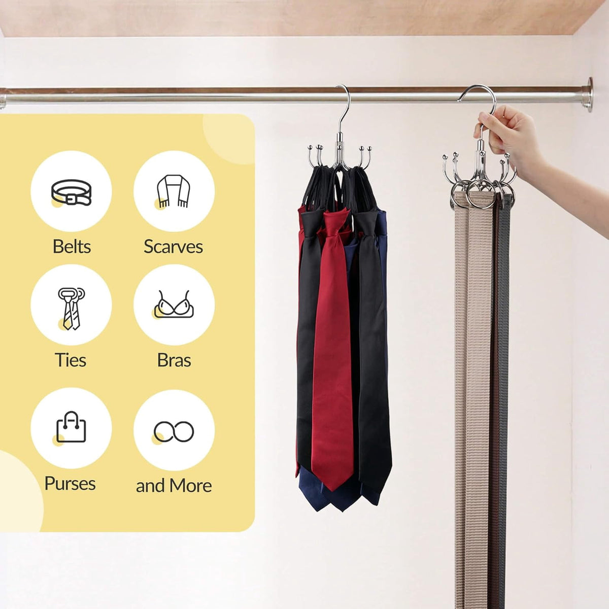 Rotating Closet Belt Hanger with Eight Hooks, Holds Up to 24 Belts - Image 4