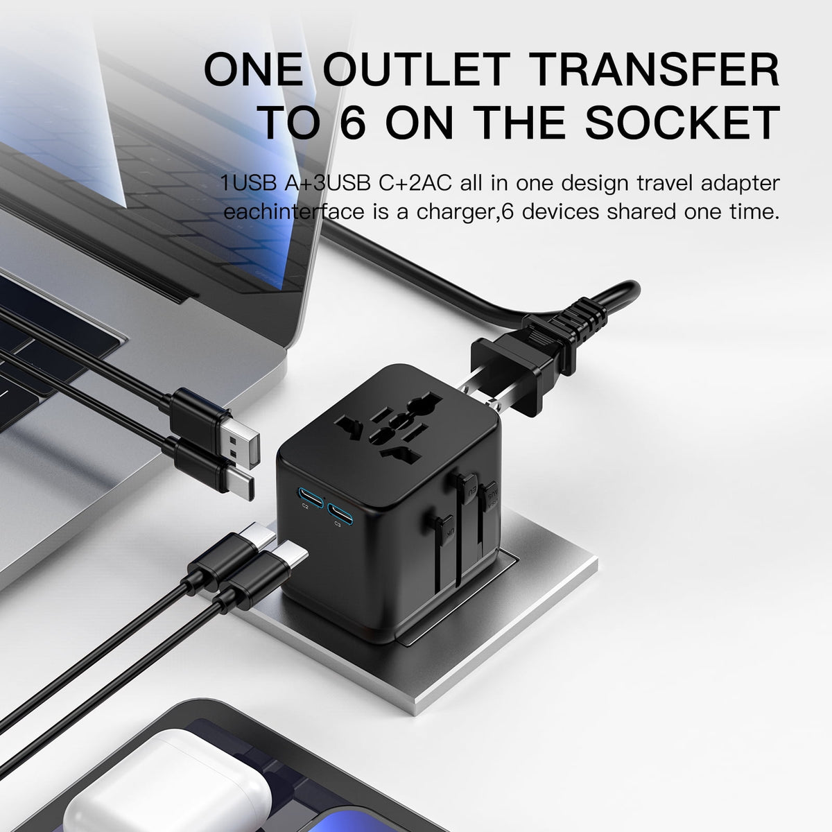 Mini Universal Travel Adapter, Three USB-C, One USB-A and Two AC Outlets - Image 5