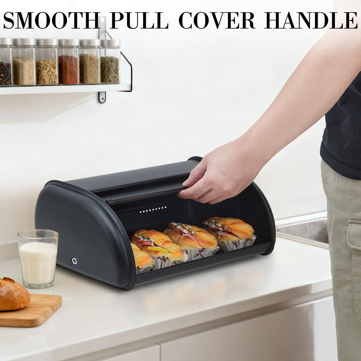 Stainless Steel Roll-Top Bread Box for a Kitchen Counter, Black - Image 6