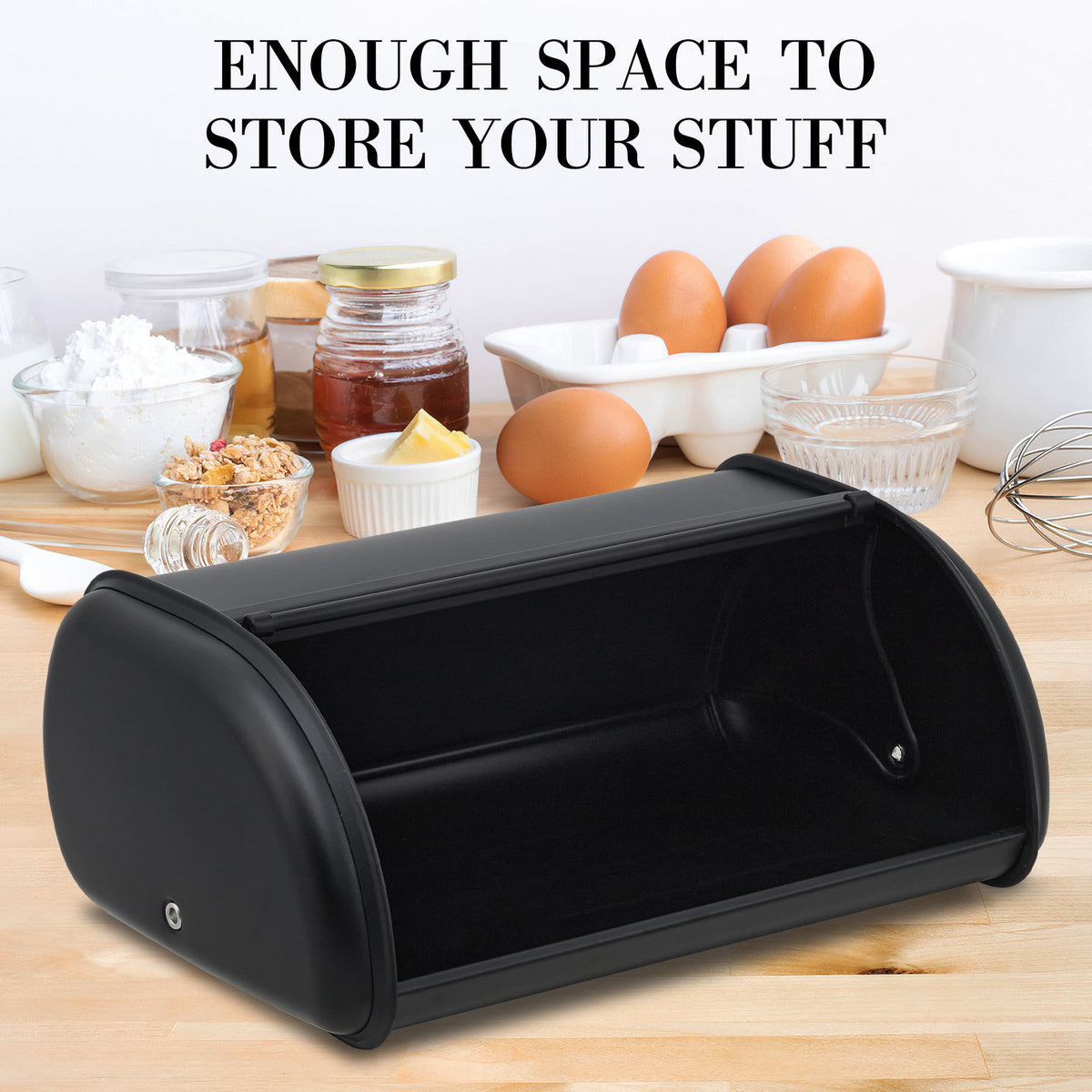 Stainless Steel Roll-Top Bread Box for a Kitchen Counter, Black - Image 3