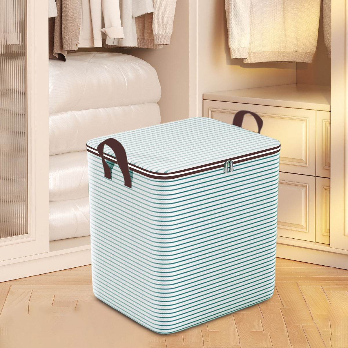 Zippered Fabric Storage Cube with Lid and Side Handles for Bedding - Image 5