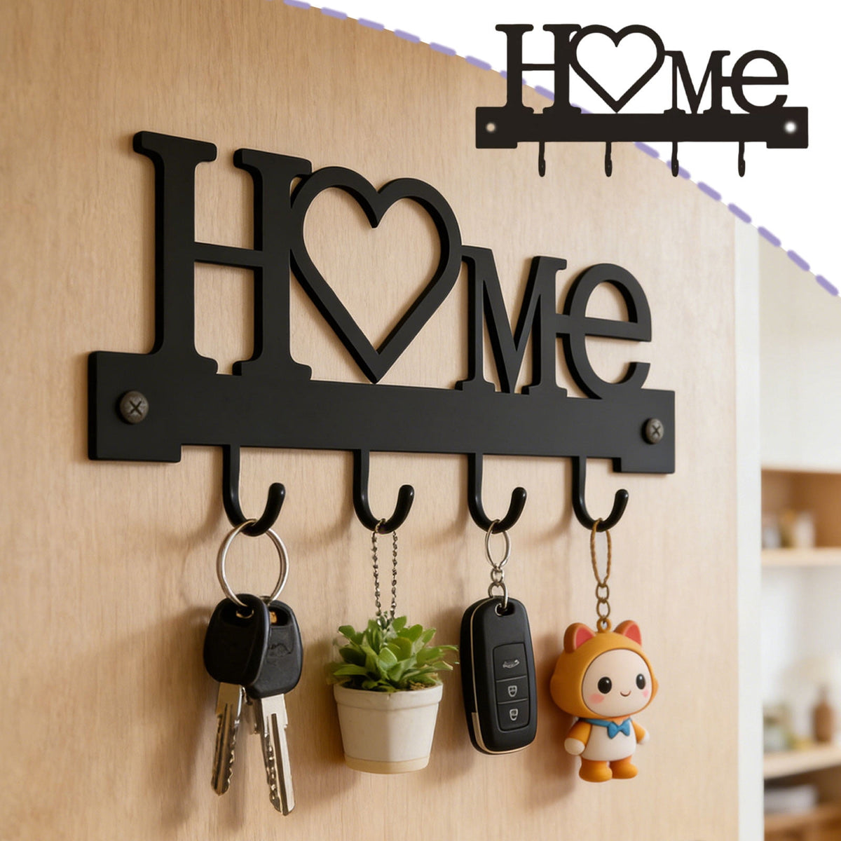 Wall-Mounted Iron Key Rack with Four Hooks, 6.89 x 3.23 Inches - Image 2