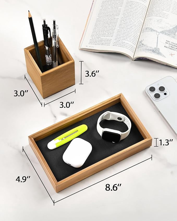 Wooden Desk Tray and Pen Holder Set, Felt-Lined, 8.6 x 4.9 Inches - Image 3
