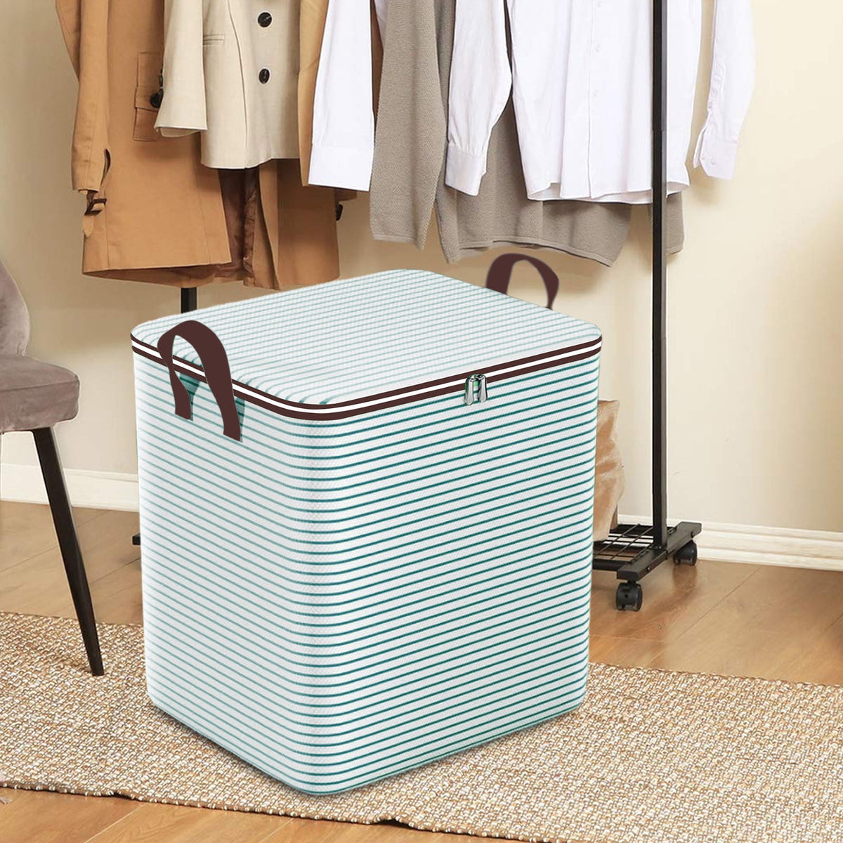 Zippered Fabric Storage Cube with Lid and Side Handles for Bedding - Image 2