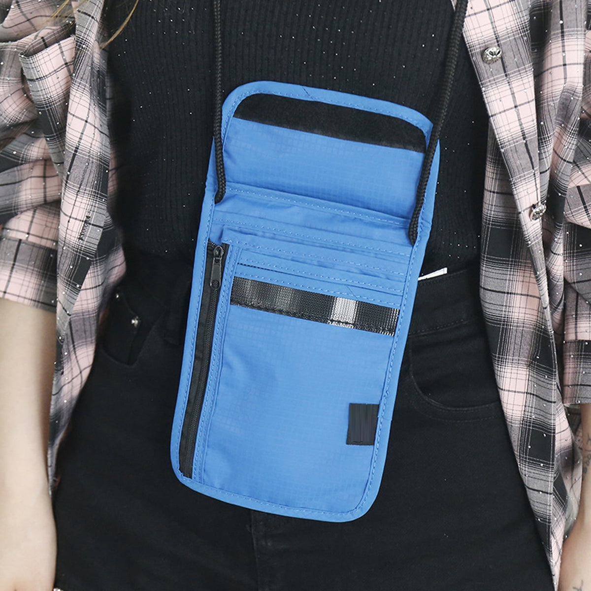 RFID-Blocking Neck Pouch for Passports, Cards and Keys, Blue - Image 6