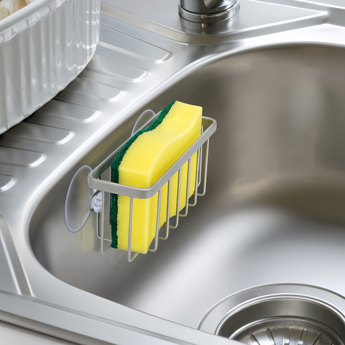 Suction Cup Sink Caddy for Sponges and Scrubbers, Matte Silver - Image 3