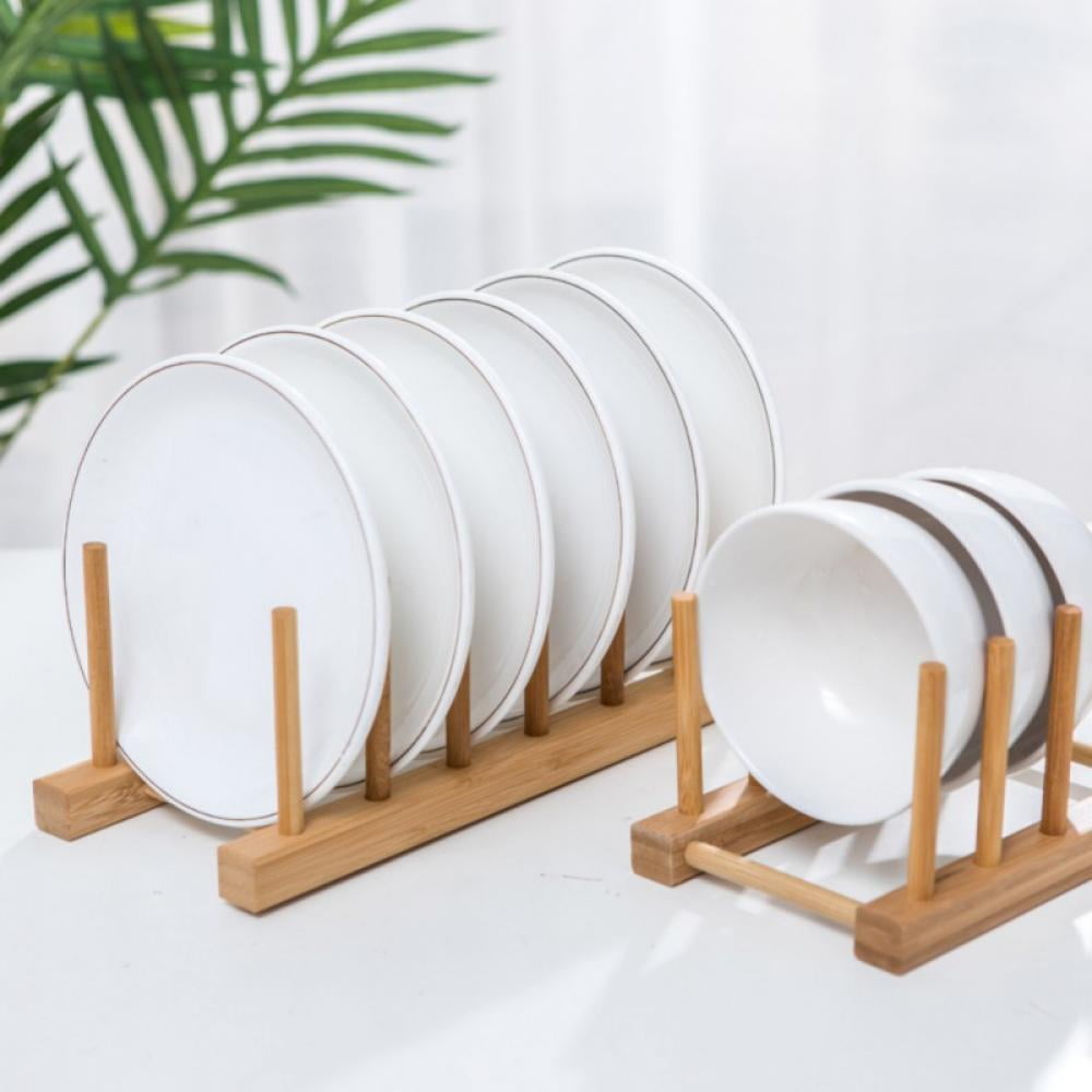 Natural Bamboo Dish Rack with Slots for Plates, Bowls and Pot Lids - Image 2
