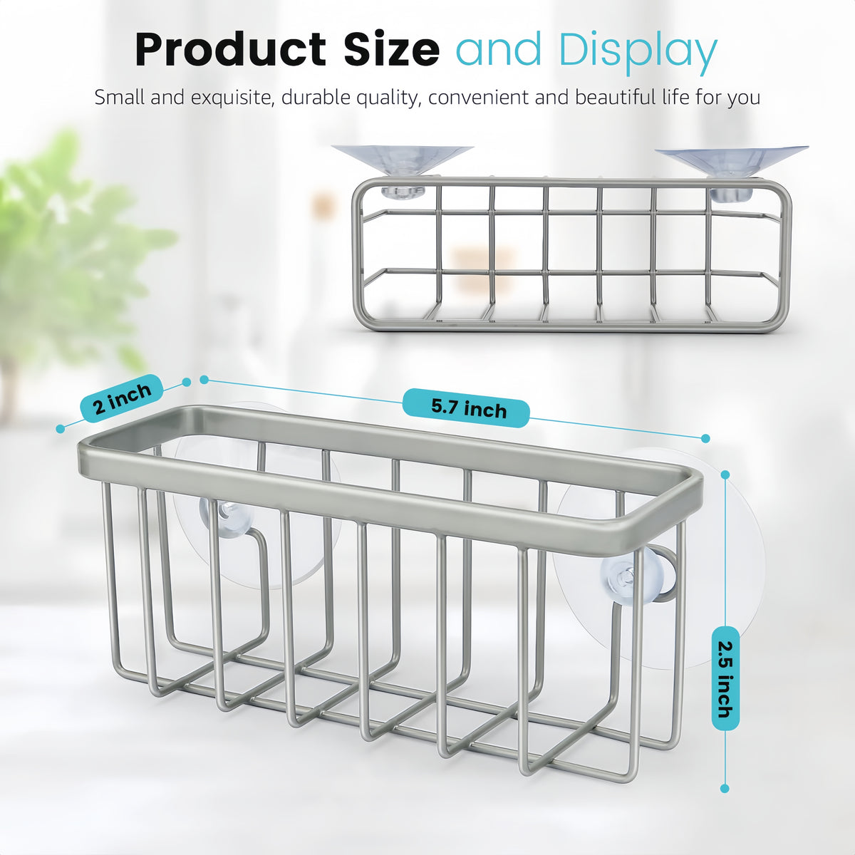 Suction Cup Sink Caddy for Sponges and Scrubbers, Matte Silver - Image 2