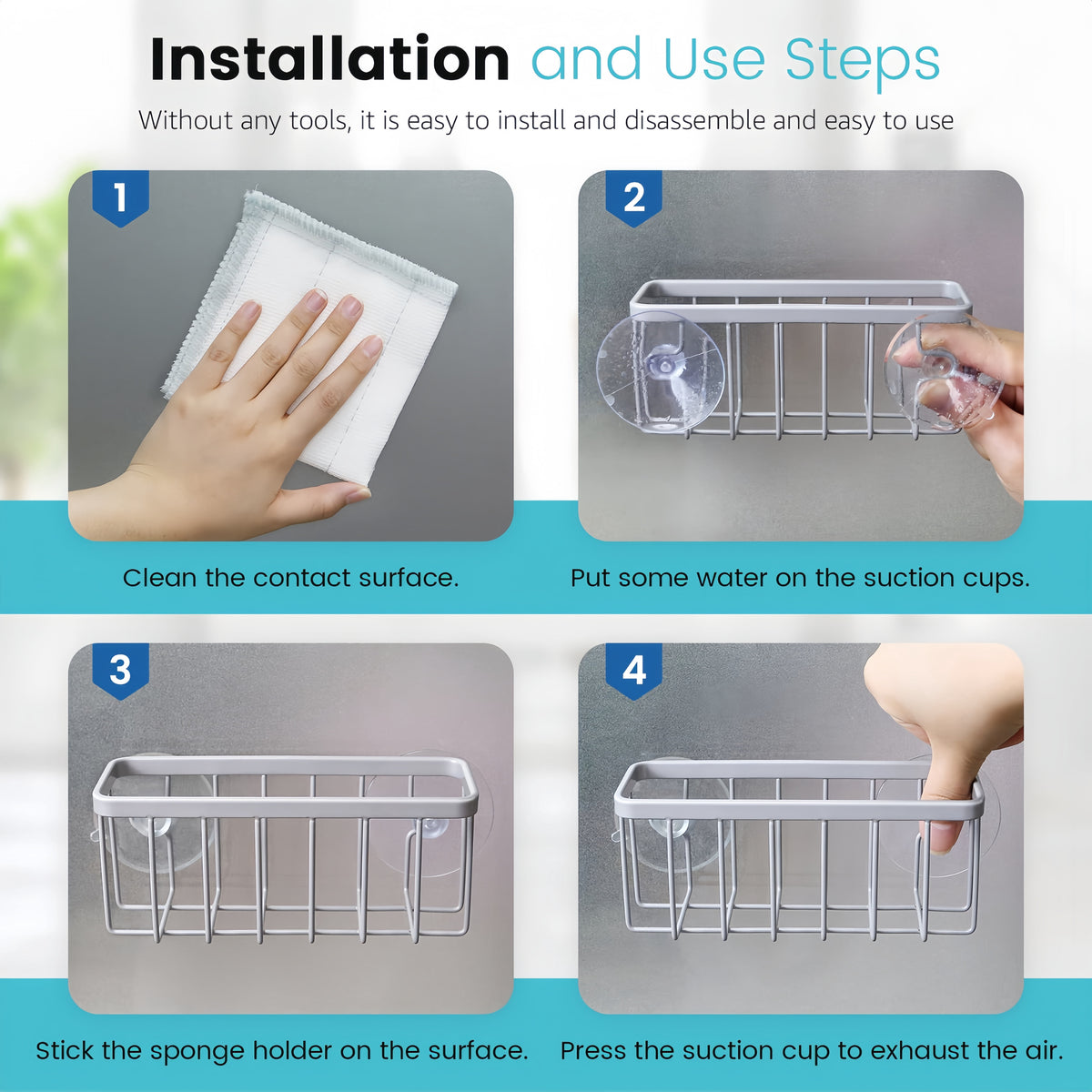 Suction Cup Sink Caddy for Sponges and Scrubbers, Matte Silver - Image 5
