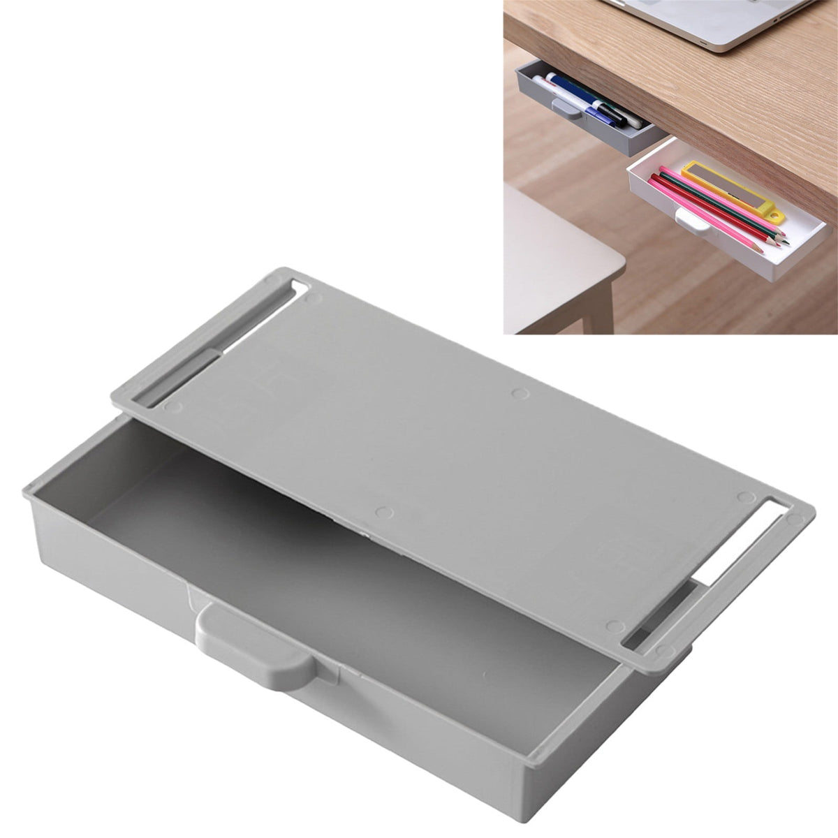 Stick-On Slide-Out Drawer for Under a Desk or Counter, Grey - Image 2