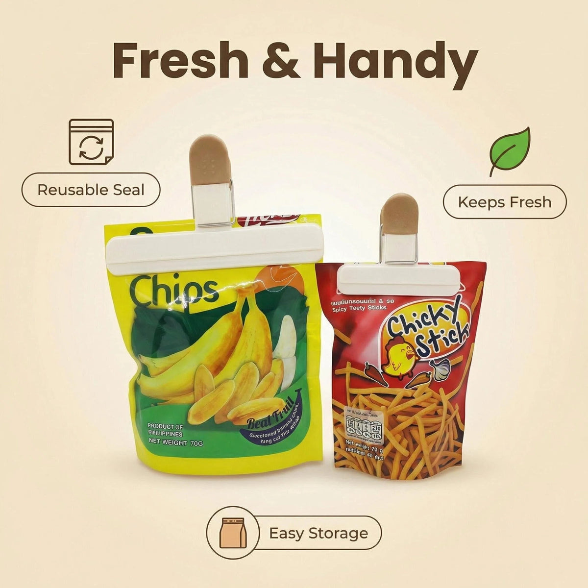 Spring-Loaded Bag Clips, Set of Six, One Extra Large and Five Small - Image 2
