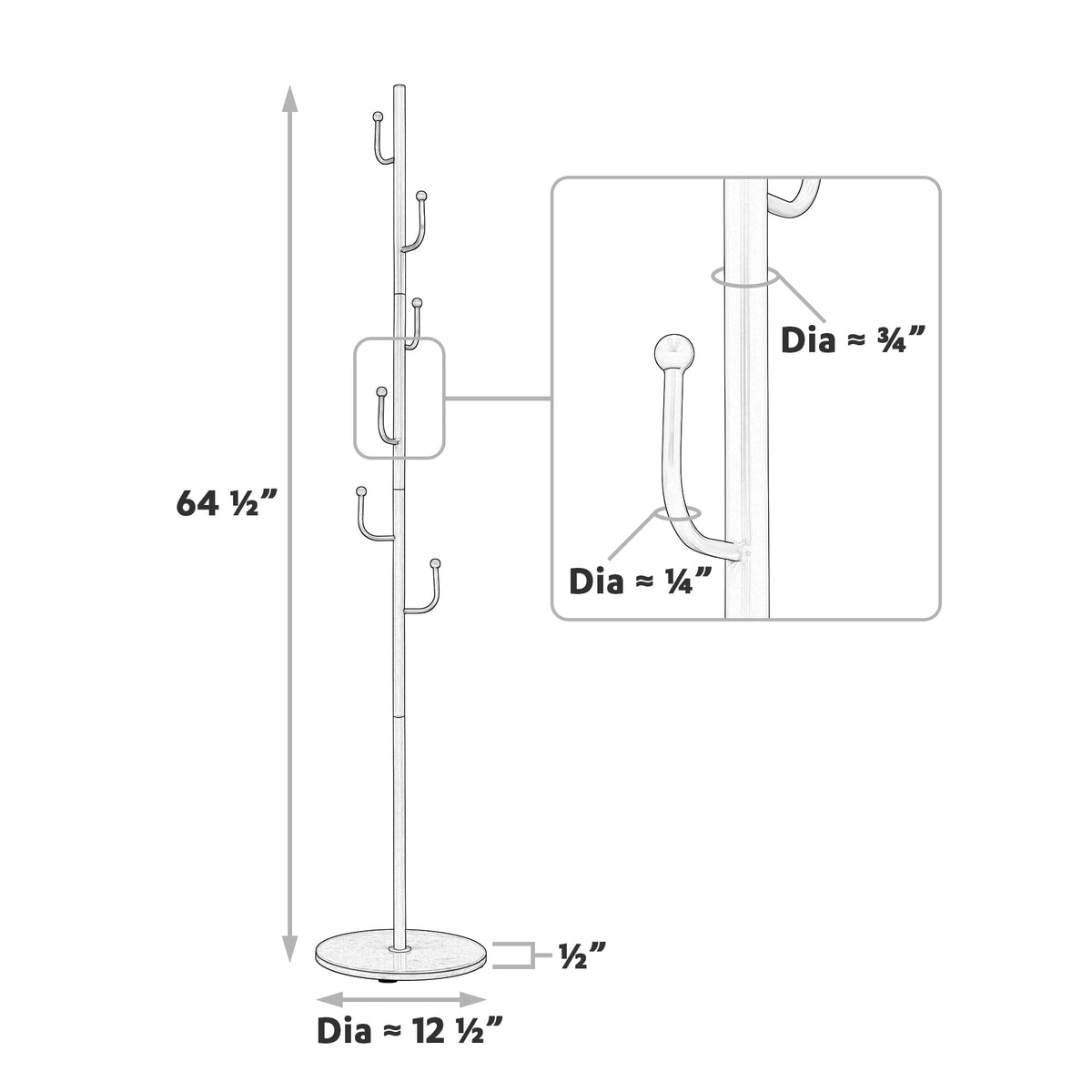 Freestanding Metal Coat Rack, 64.5 Inches Tall, with Round Stone Base - Image 5