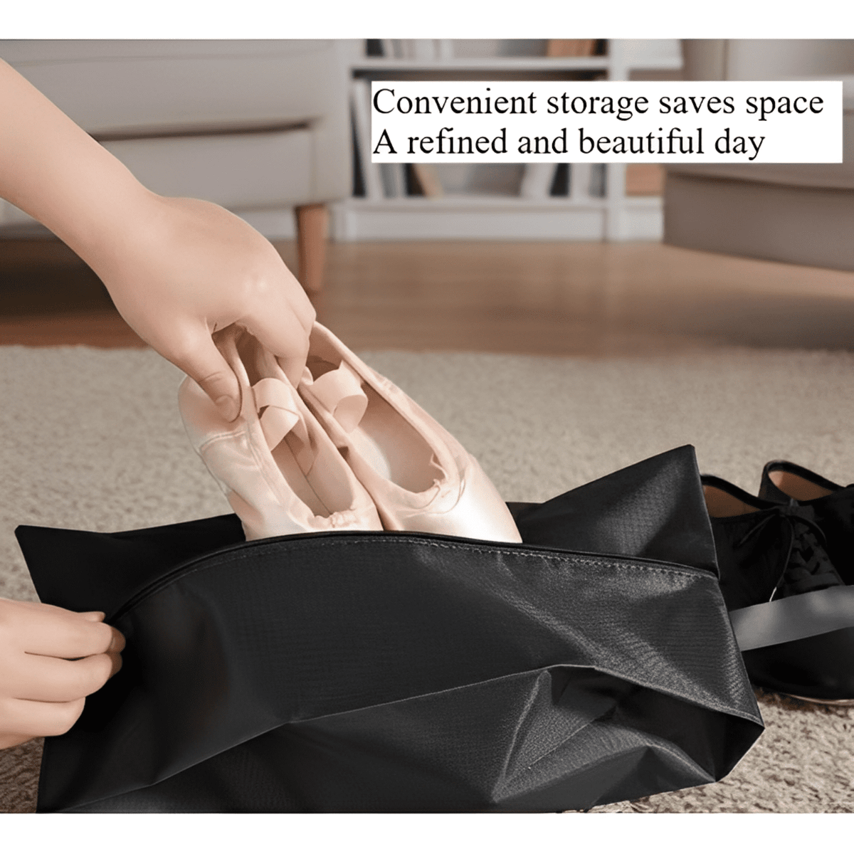 Waterproof Nylon Shoe Bags with Handle and Zipper, Set of Six, Black - Image 2