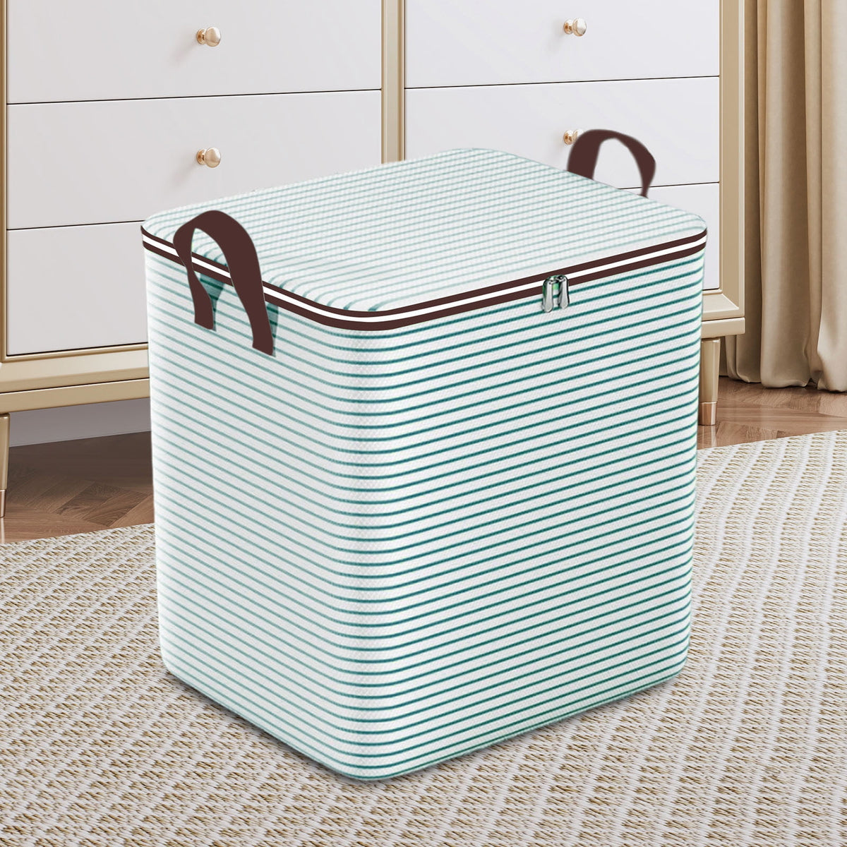 Zippered Fabric Storage Cube with Lid and Side Handles for Bedding - Image 4