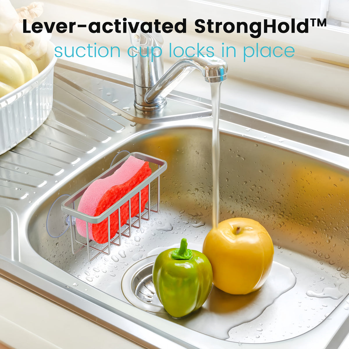 Suction Cup Sink Caddy for Sponges and Scrubbers, Matte Silver - Image 4