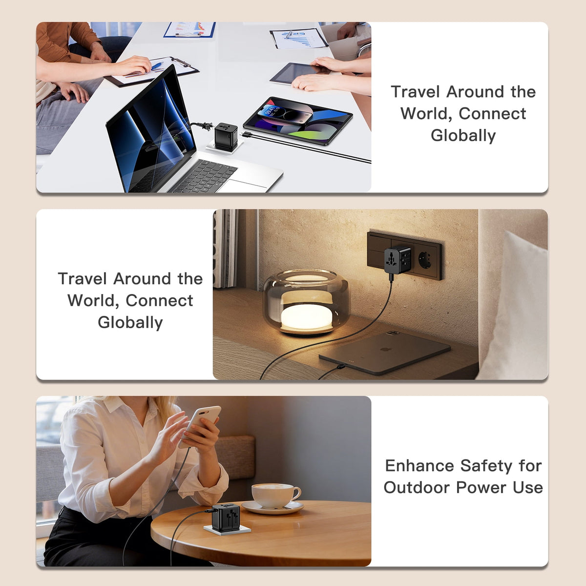 Mini Universal Travel Adapter, Three USB-C, One USB-A and Two AC Outlets - Image 4