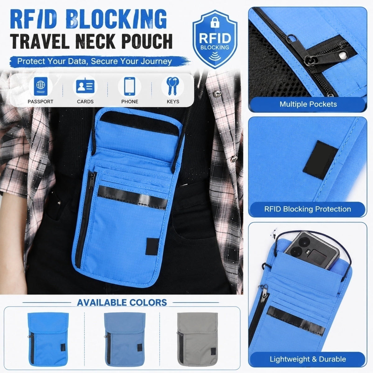 RFID-Blocking Neck Pouch for Passports, Cards and Keys, Blue - Image 3