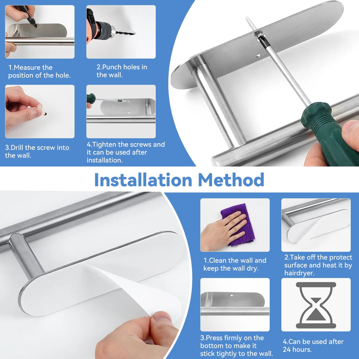 Stainless Steel Paper Towel Holder, Adhesive or Drill Mounted, Silver - Image 6