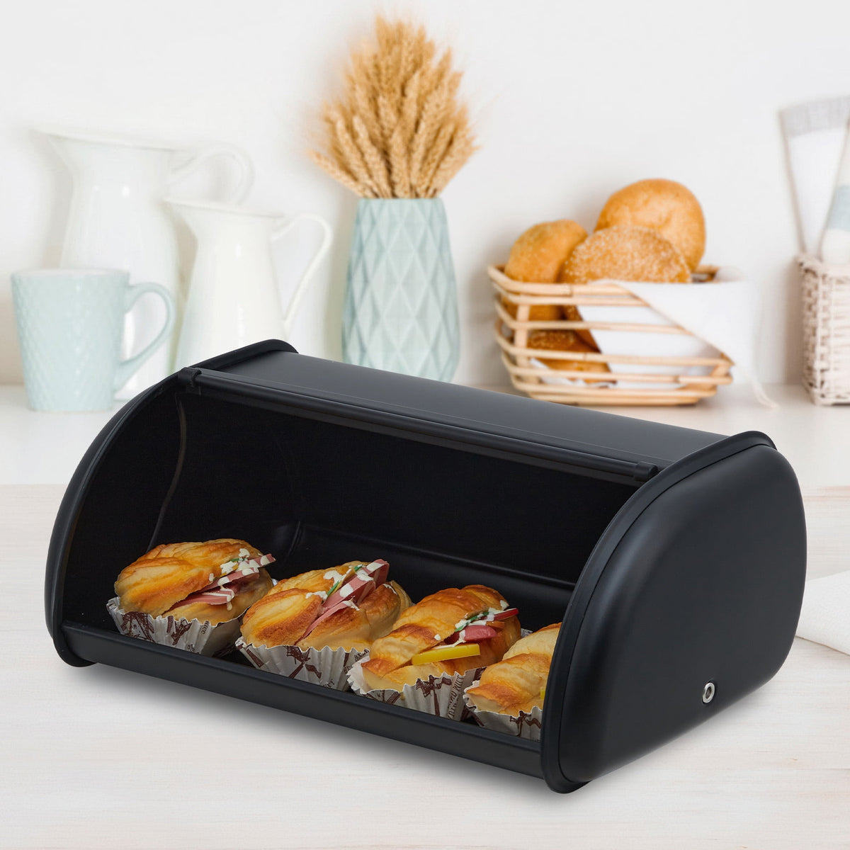 Stainless Steel Roll-Top Bread Box for a Kitchen Counter, Black - Image 4