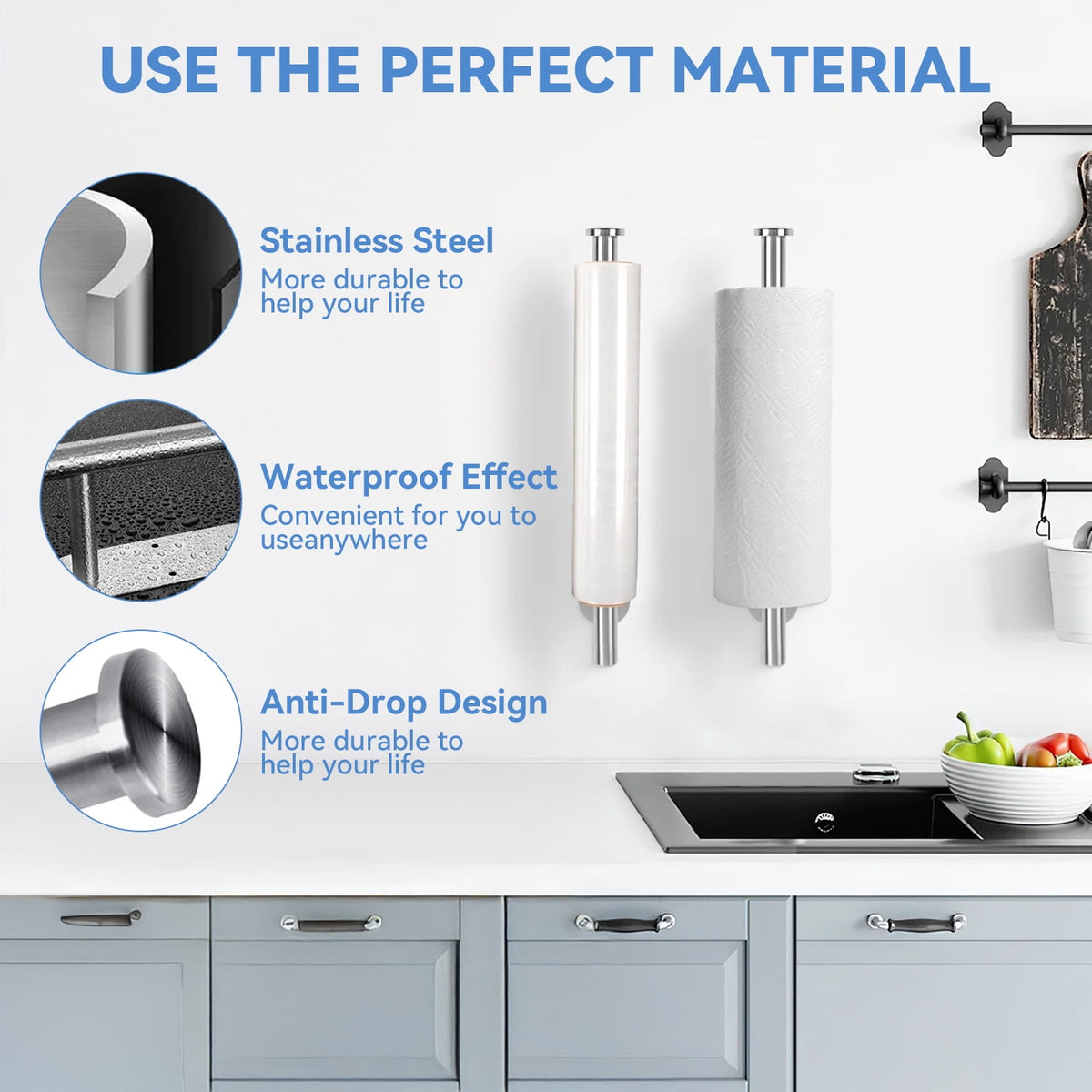 Stainless Steel Paper Towel Holder, Adhesive or Drill Mounted, Silver - Image 2