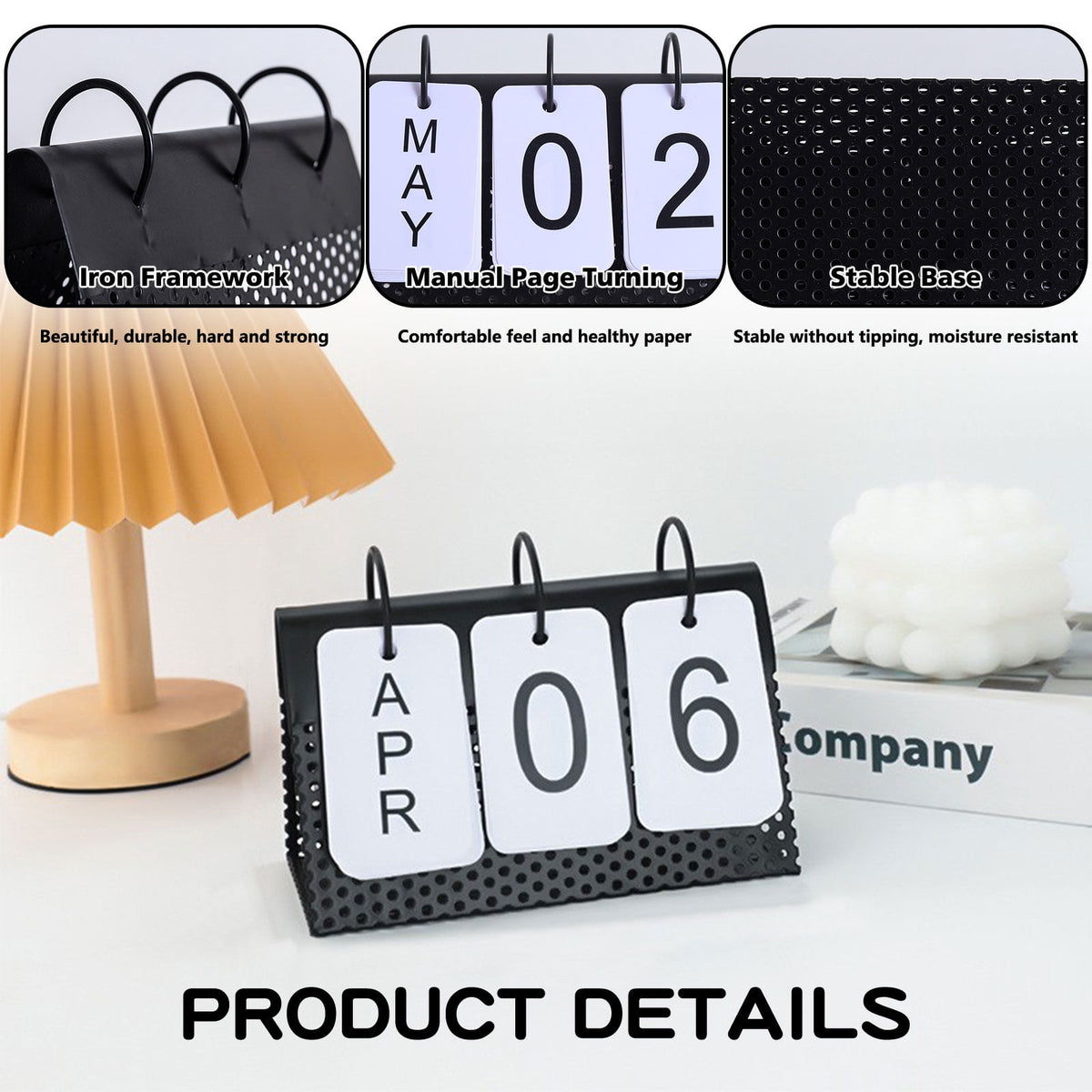 Metal Perpetual Flip Calendar for a Desk, Black Frame with White Cards - Image 4