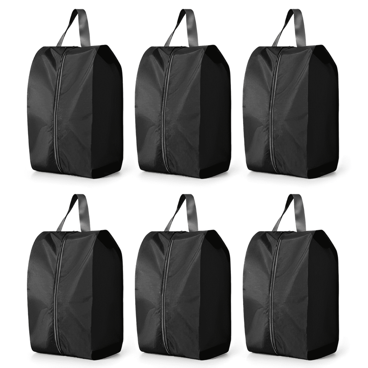 Waterproof Nylon Shoe Bags with Handle and Zipper, Set of Six, Black